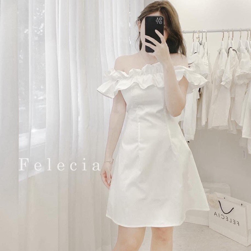 [ Ảnh thật cuối ] Váy trắng trễ vai thiết kế cúc bọc siêu xinh - Đầm trắng tiểu thư Hàn quốc (sẵn hàng)