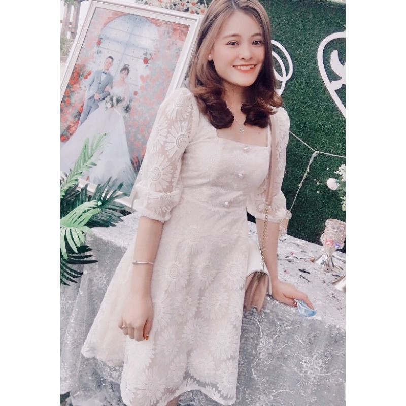 Váy thiết kế,DVC váy xòe phối ren trắng hoa nổi cao cấp có ảnh thật chuẩn fom dáng ảnh video đôc quyền shop | BigBuy360 - bigbuy360.vn