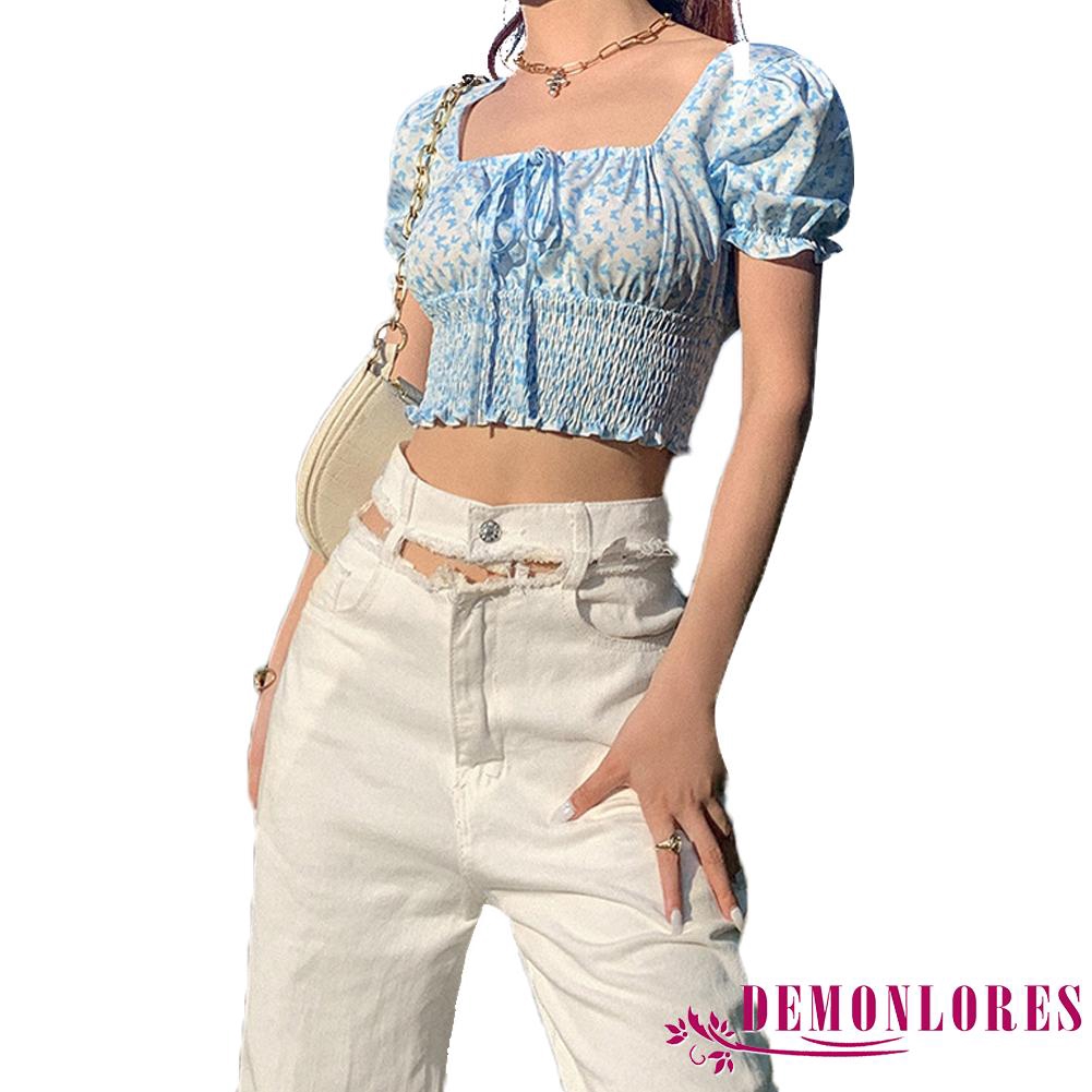 Áo Kiểu Tay Phồng Cổ Vuông In Họa Tiết Hoa Phong Cách Retro Đường Phố
