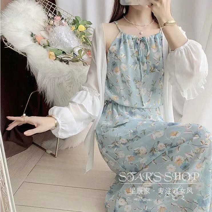 Set Đầm Yếm Và Áo Khoác Voan Họa Tiết Hoa Thời Trang Hè 0503 Cho Nữ