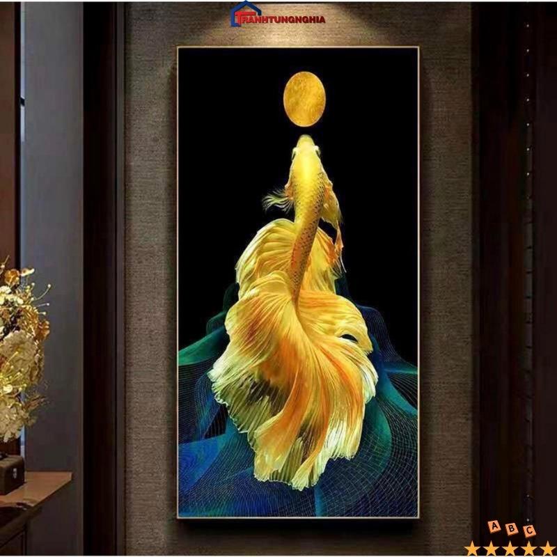 Tranh thêu chữ thập cá chép hóa rồng 90cm x 50cm