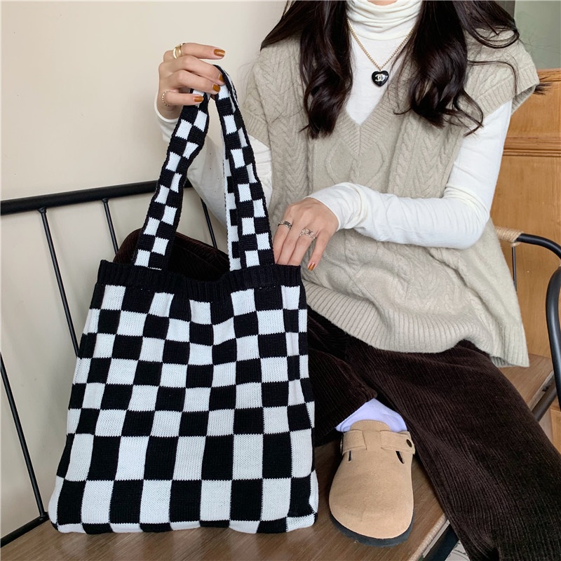 Túi tote Seagloca dệt kim kẻ caro sức chứa lớn cho nữ