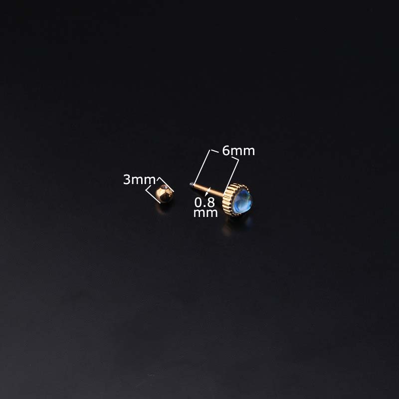 Khuyên tai đơn mặt tròn đính đá nhân tạo thép không gỉ dài 6mm 20G