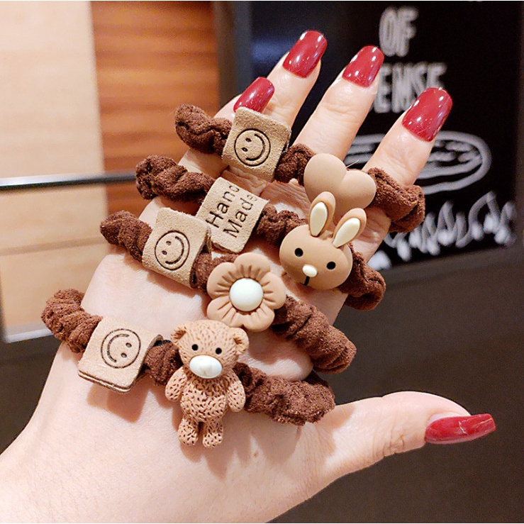 Set 4 dây chun buộc tóc sợi nhún bông kèm charm thú cực xinh BAG U CHUNNHUNBONG097