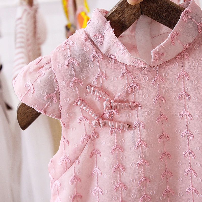 Đầm sườn xám  tay ngắn chất vải cotton phong cách trung hoa cho bé gái 0-5 tuổi