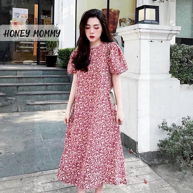 Váy Bầu Hoa Nhí Cổ Tròn Tay Bồng Dáng Suông Đầm Bầu Mùa Hè Dáng Dài HD2822 Honey Mommy