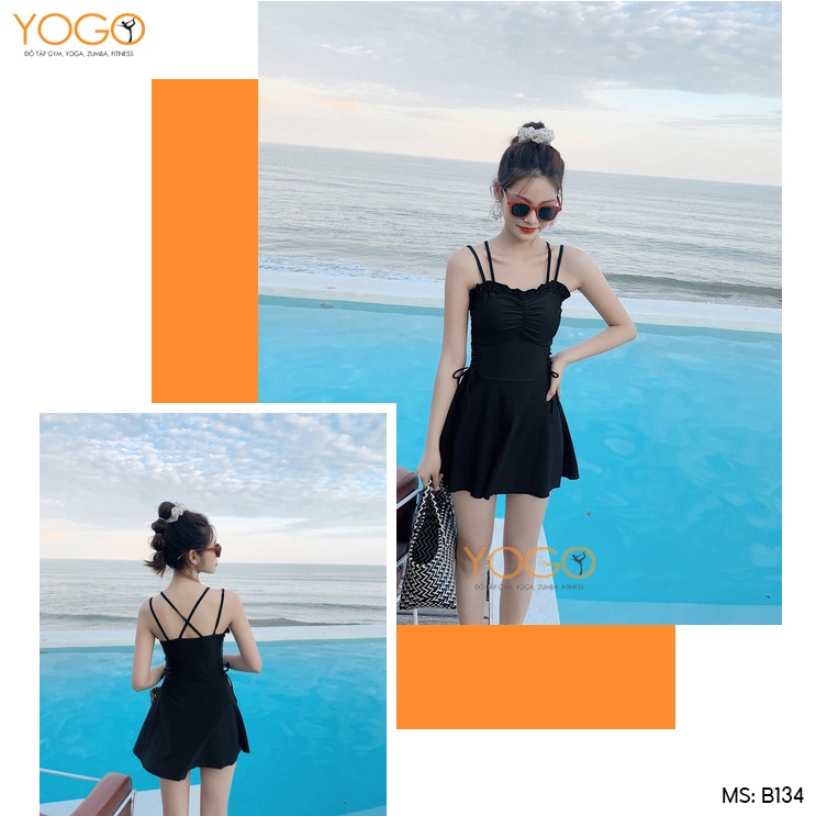 Đồ Bơi Bikini Nữ Một Mảnh Liền Thân Áo Hai Dây Ôm Ngực Váy Xòe Che Bụng Có Quần Đùi Kín Đáo Mặc Đi Biển Đi Bơi YOGO B134
