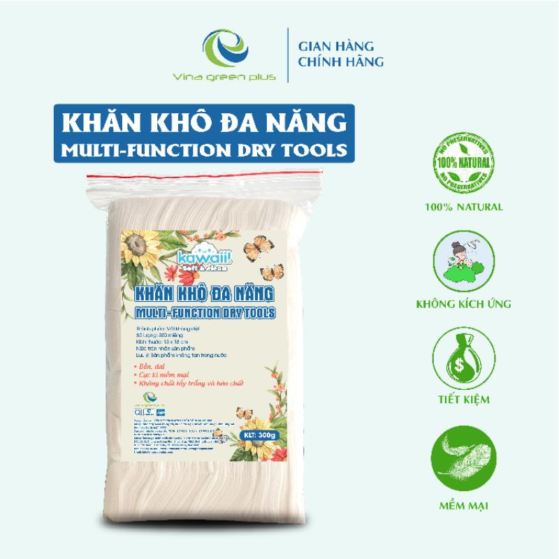 Khăn khô đa năng Kawaii Trắng 300 tờ khổ 13x18 - Khăn lau cho bé - Mềm mịn thấm hút