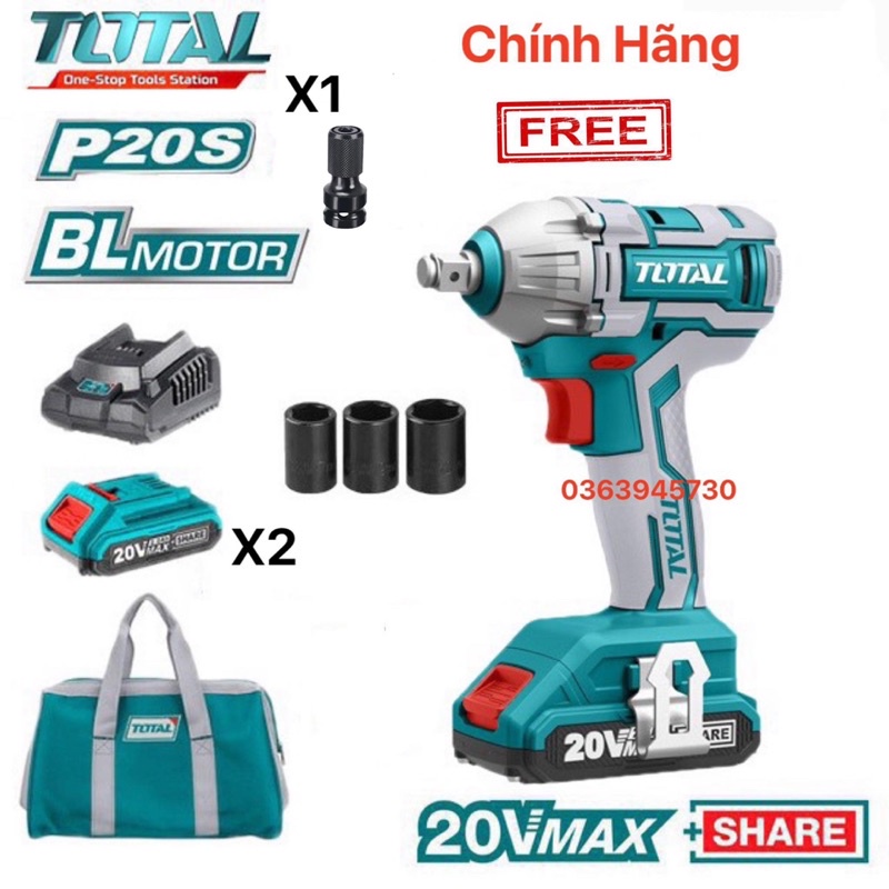 TOTAL Máy siết Bulong dùng pin Lithium 20V TIWLI2001( kèm 1 đầu bắt vít) (Cam kết chính hãng 100%)