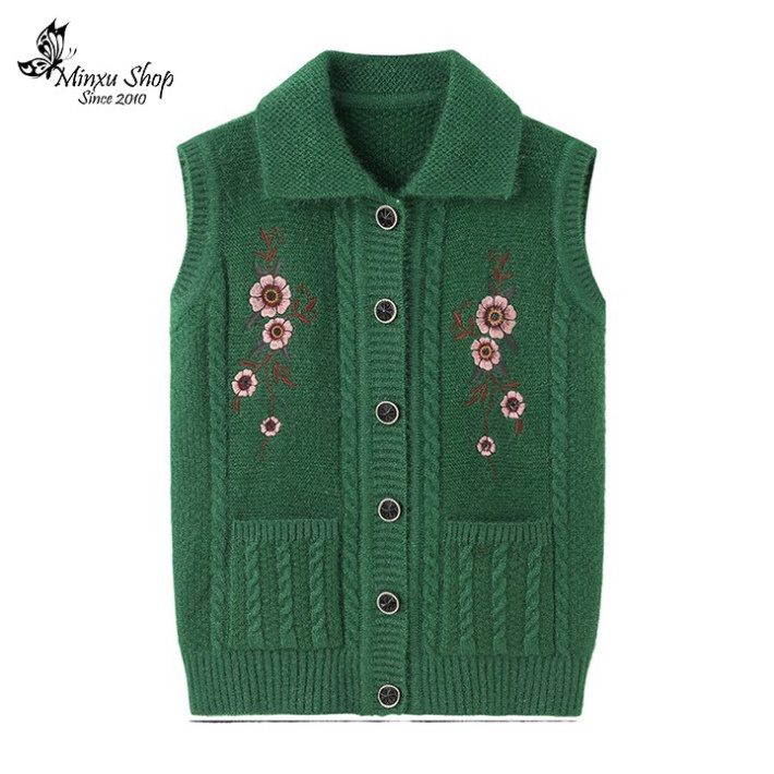 Áo gile len cổ bẻ sang trong , áo len trung niên họa tiết hoa thêu tặng bà tặng mẹ (Mã GX)