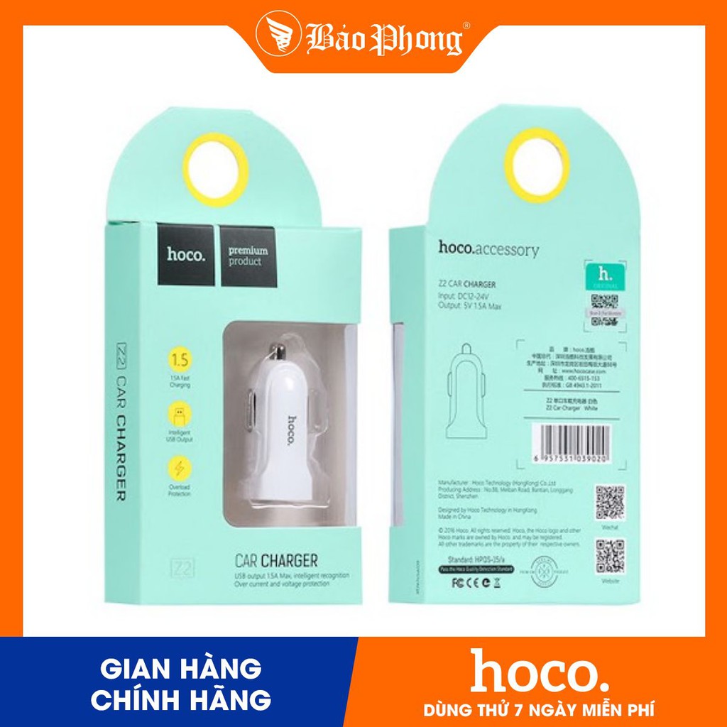 Tẩu sạc oto HOCO Z2 (ko cáp) (kèm cáp L, Micro)