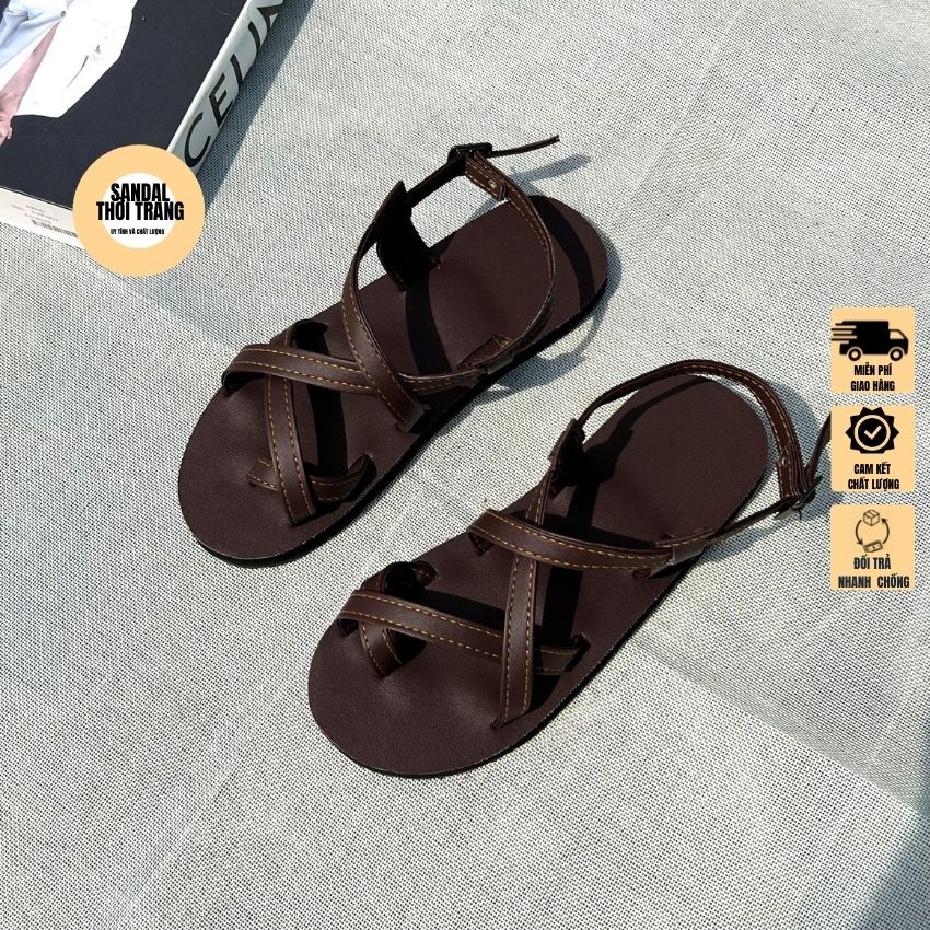 Giày sandal xỏ ngón quai chéo đế bệt A101 đen/nâu/ be Full size 30-44 SANDALTHOITRANG