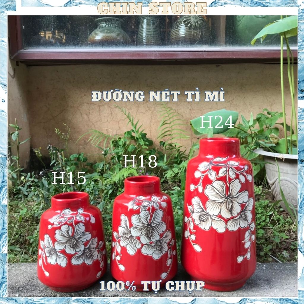 Bình hoa decor, lọ hoa gốm sứ BÁT TRÀNG set bộ 3 vai vuông men cao cấp họa tiết vẽ tay nhiều mẫu H24,H18,H15