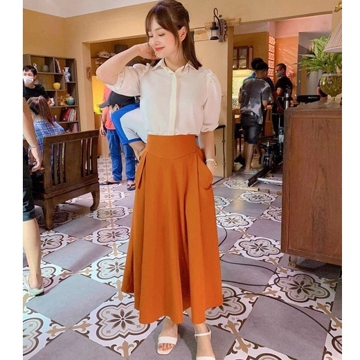Chân váy xòe dáng dài Midi công sở cạp cao to bản ôm eo nịt bụng túi cúc có BIGSIZE phong cách sang trọng trẻ trung CV41