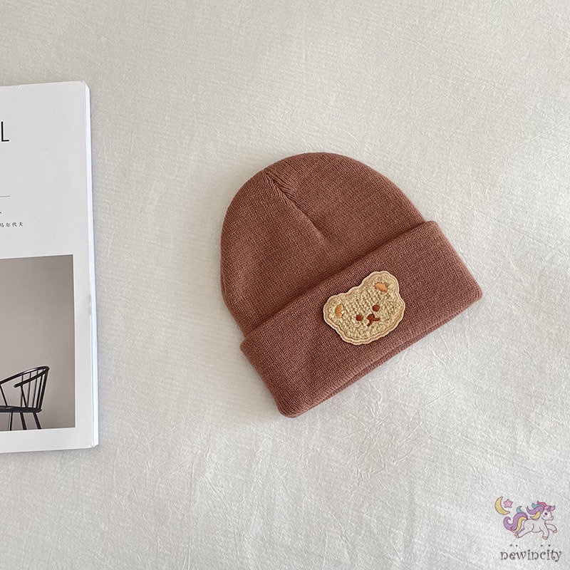 Mũ Beanie Dệt Kim Co Giãn In Họa Tiết Gấu Kiểu Hàn Quốc Thời Trang Thu Đông Cho Bé Trai + Gái