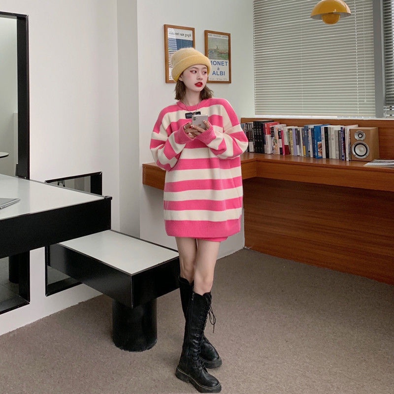 Áo Len Dài Tay Cổ Tròn Form Rộng Họa Tiết Kẻ Sọc Thiết Kế Mới Thời Trang Theo Phong Cách Hàn Quốc Dành Cho Nữ