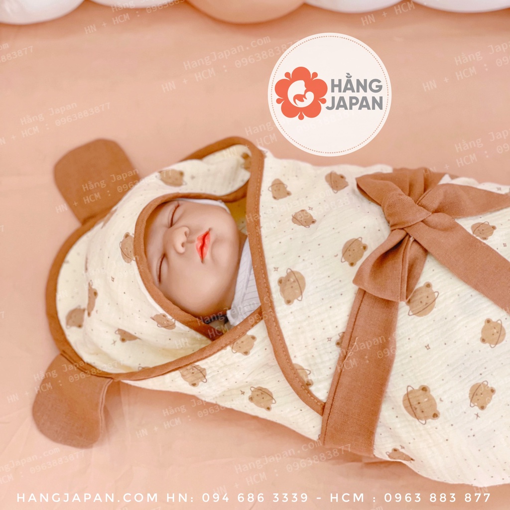 Chăn ủ, ủ choàng xô 2 lớp có đai Muslin đa năng cho bé 75*75 họa tiết ngẫu nhiên