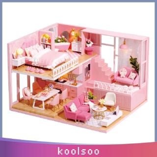 [Koolsoo] 1: 24 Nhà búp bê DIY Bộ đồ thủ công lắp ráp màu hồng Đèn ngủ Ngày lễ