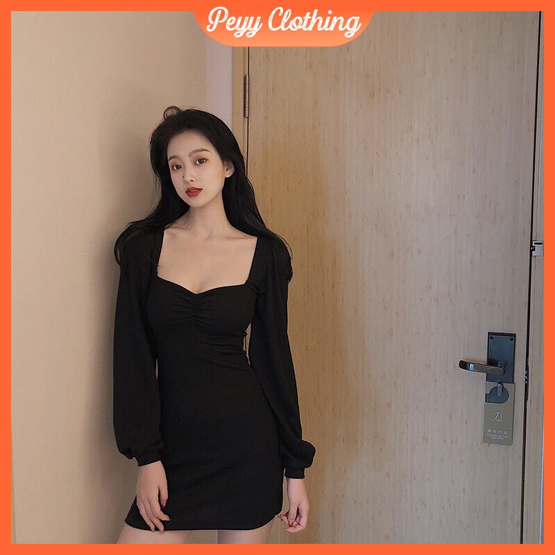 Đầm body dài tay ôm body đen cổ vuông sexy, Váy body dài tay nhún ngực sexy V01 - Peyy Clothing