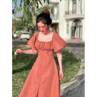 Váy midi tay bồng nút bọc thanh lịch