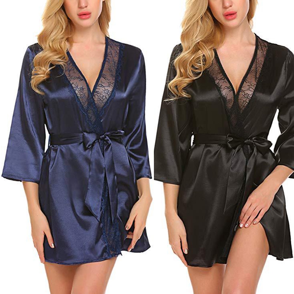 [GN] Áo Choàng Ngủ Kimono Bằng Satin Phối Ren Màu Trơn Gợi Cảm Cho Nữ
