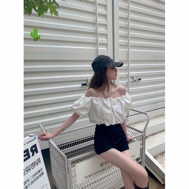Áo trễ vai đũi trắng tay phồng bo chun co giãn croptop bánh bèo phong cách hàn quốc nữ tính alohashop91