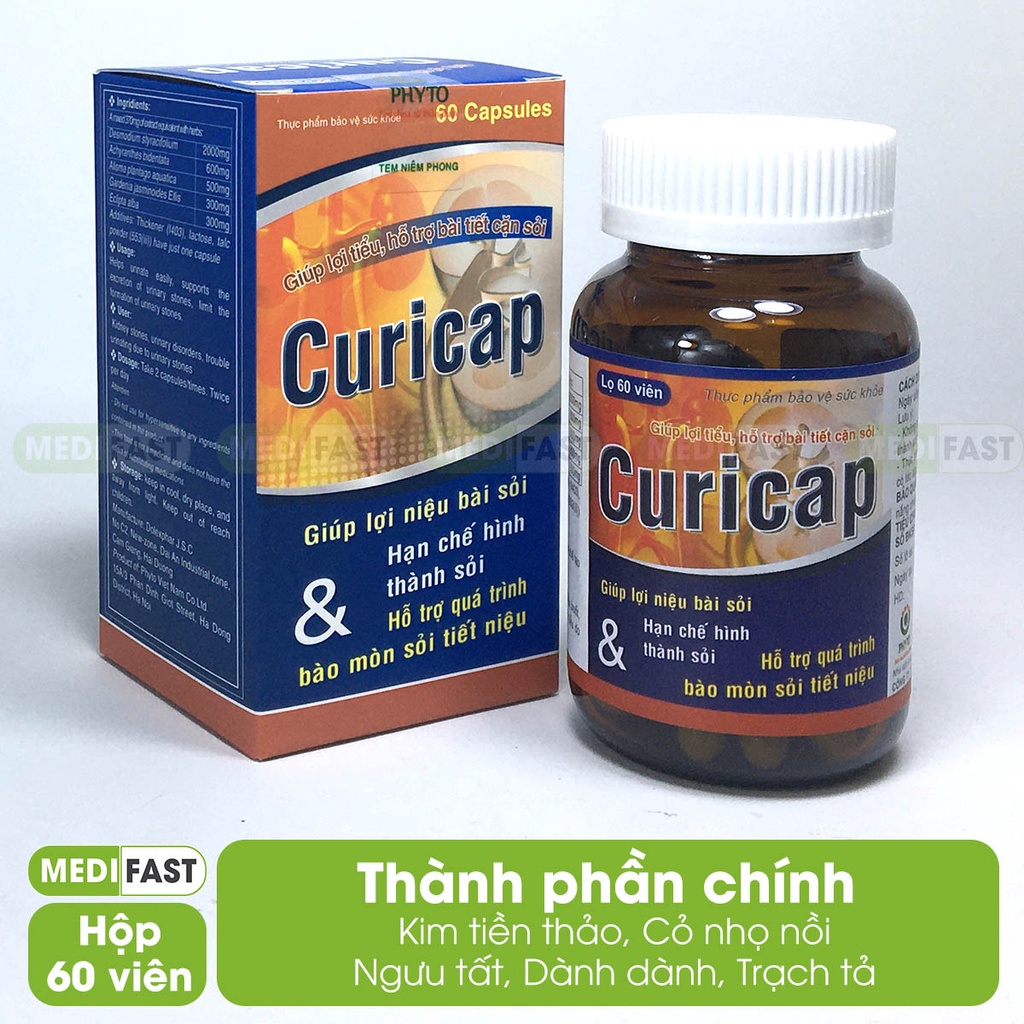 Hỗ Trợ Điều Trị Sỏi Thận, Sỏi Mật CURICAP lọ 60 viên - từ kim tiền thảo, cỏ nhọ nồi