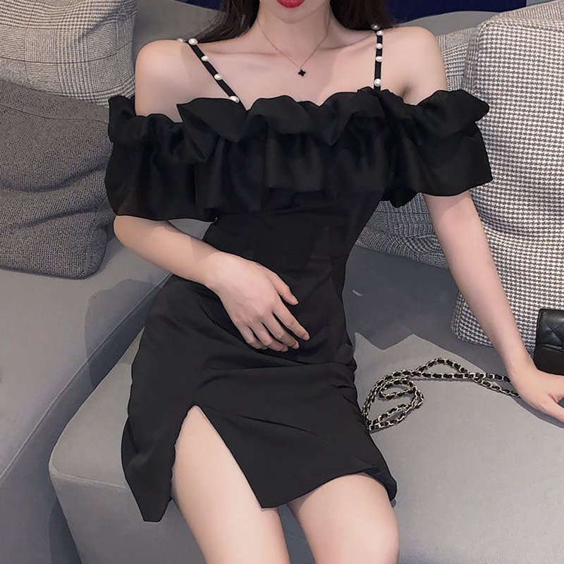 Đầm Ngắn Trễ Vai Phối Bèo Đính Ngọc Trai Phong Cách Hàn Quốc Thời Trang Mùa Hè Cho Nữ (2 Màu)