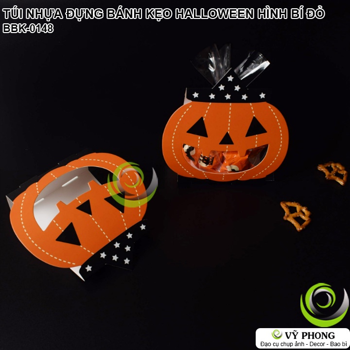SET 8 BAO BÌ TÚI NHỰA ĐỰNG BÁNH KẸO HALLOWEEN BÌA CỨNG IN HÌNH PUMKIN TÚI ĐỰNG QUÀ LỄ HỘI MA QUỶ HÌNH BÍ NGÔ BBK-0148