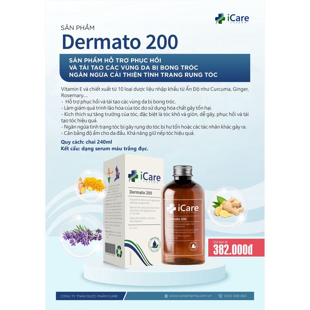 Sản Phẩm Dermato 200|Thương Hiệu iCare Pharma Với Chiết Xuất Dược Liệu | Hỗ Trợ Phục Hồi Tóc Hư Tổn | Ngăn Ngừa Rụng Tóc