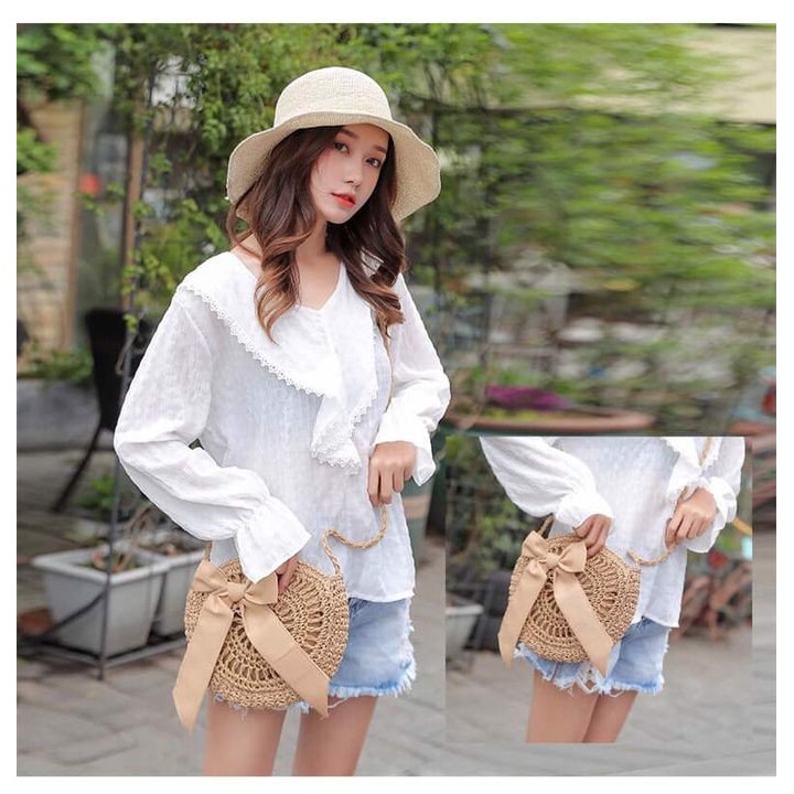 [NowShip - Giao Ngay] Túi Cói Boho Vintage Đeo Vai, Đeo Chéo Hình Tròn Dây Da Màu Nâu Be Trơn
