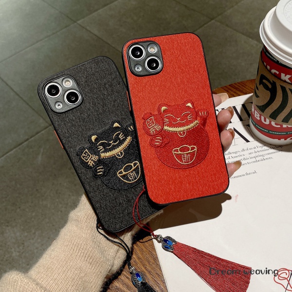 Ốp Điện Thoại Mềm Chống Rơi Thêu Hình Mèo May Mắn Cho iPhone 7 / 7plus / 8 / 8plus / x / xs / se / xr / 11 / 12 / 13 / 14 / pro / max