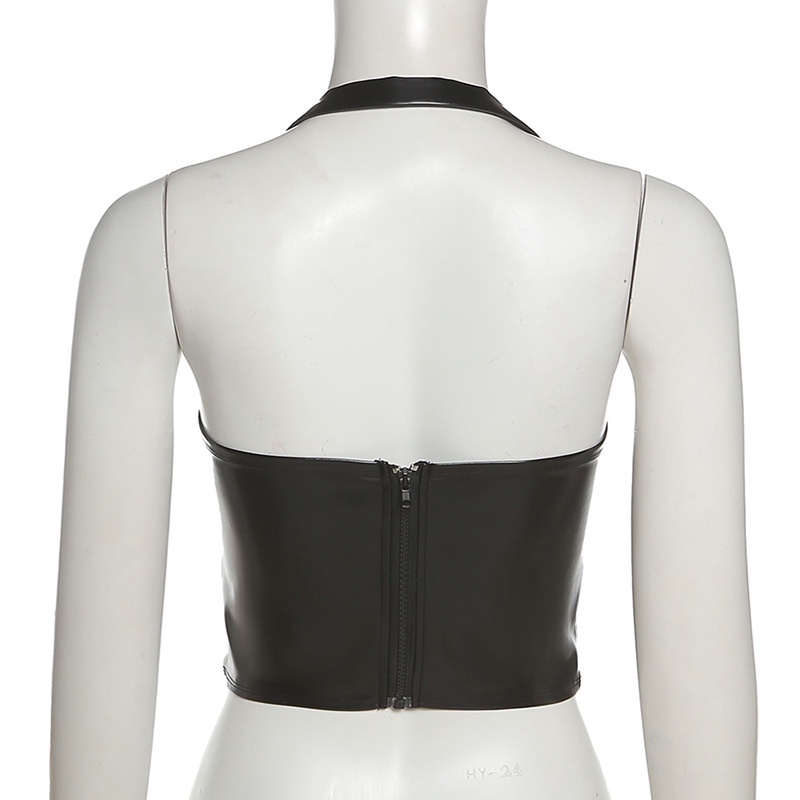 Áo Tank Top Da PU Hở Lưng Phối Khóa Kéo Phong Cách Đường Phố Cá Tính Cho Nữ