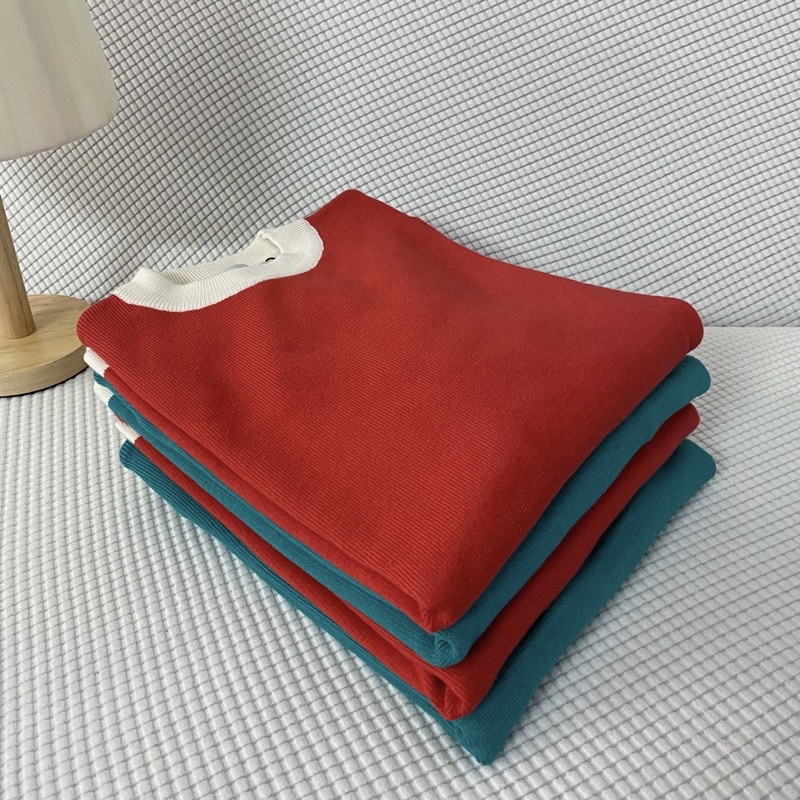 Áo len nữ màu đỏ xanh sweater cổ tròn tay dài chấ len mịn