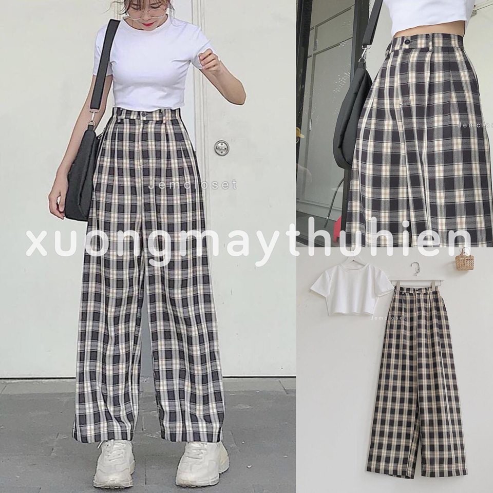 [Mã WASTDEP giảm 5K đơn bất kì] Set bộ nữ áo croptop trắng và quần kẻ caro suông ống rộng dưới 58kg - Lyza Store