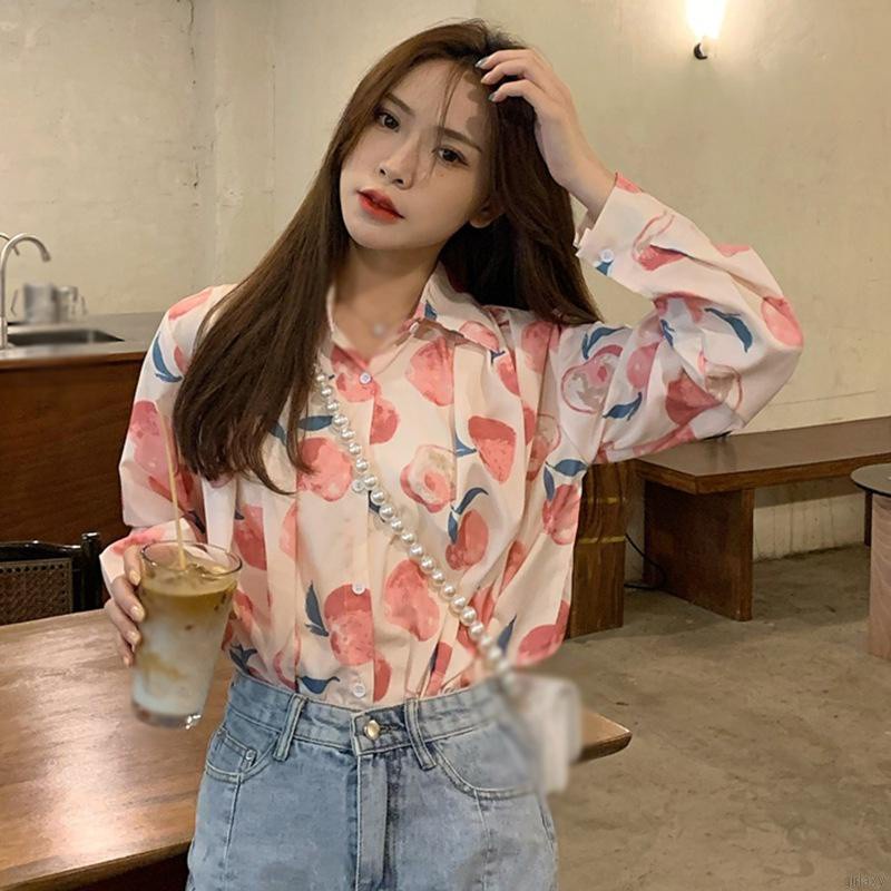 Áo Sơ Mi Tay Dài Dáng Rộng In Hình Quả Đào Kiểu Hàn Quốc Dễ Thương Cho Nữ