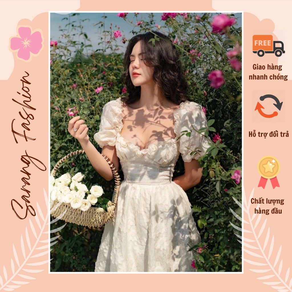 Váy trắng, đầm dáng dài, đầm trắng tiểu thư, tay phồng dành cho dự tiệc, kỷ yếu