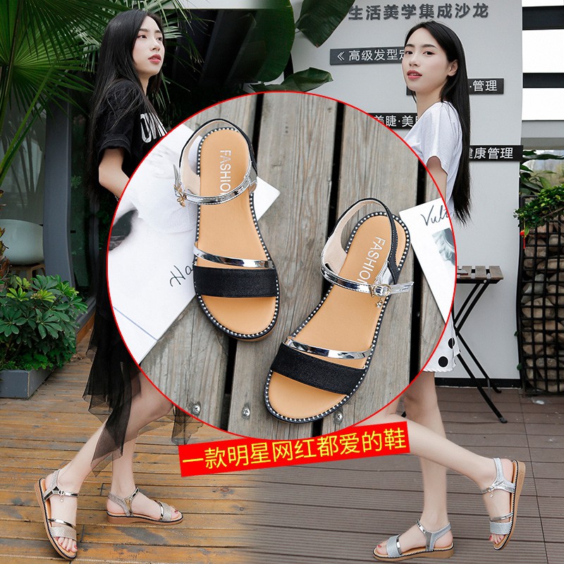 [sẵn] Sandal đế bằng quai ngang phối thời trang hè (có ảnh thật)