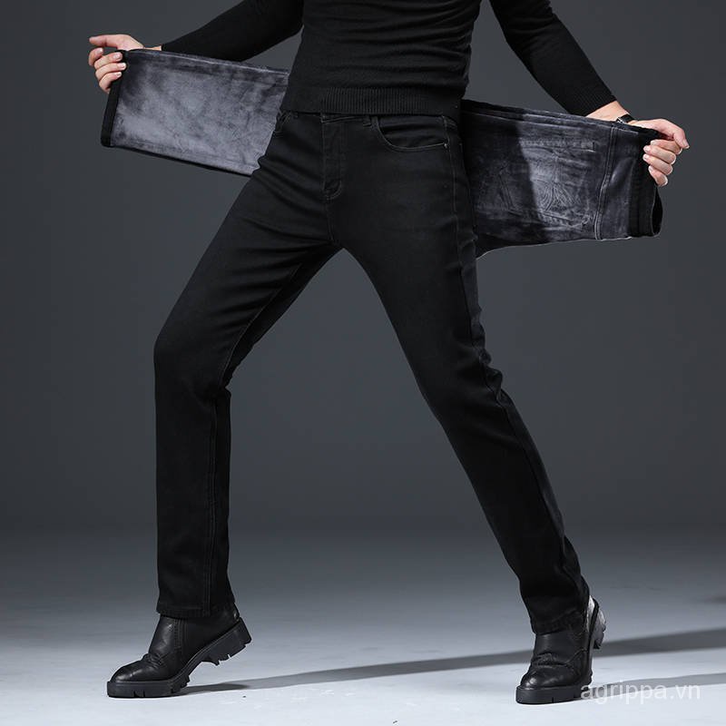 Quần jean dài dáng rộng ống suông vải cotton dày co giãn lót lông cừu ấm thời trang thu đông cho nam