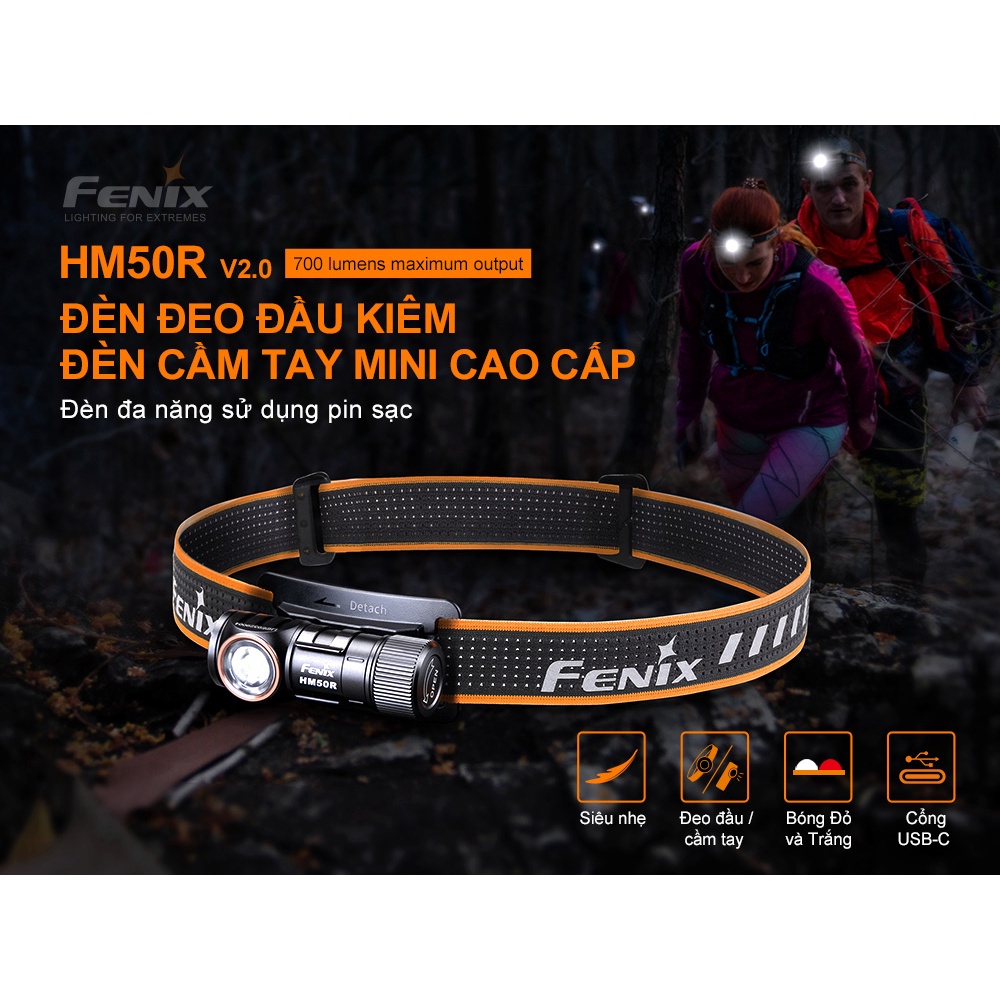 Đèn pin đội đầu FENIX HM50R V2.0 độ sáng 700 lumen chiếu xa 115m pin 16340 sạc USB C