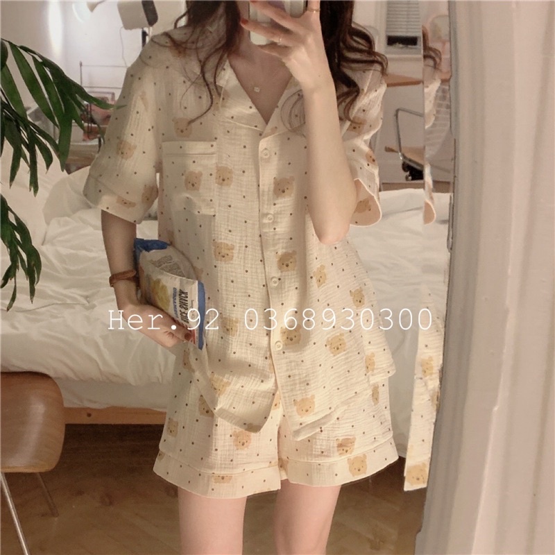 PIJAMA ĐŨI NỮ  - Bộ Cộc Quần Đùi Chất Đũi Thoáng Mát Màu Họa Tiết Gấu Pu, Đồ Mặc Nhà