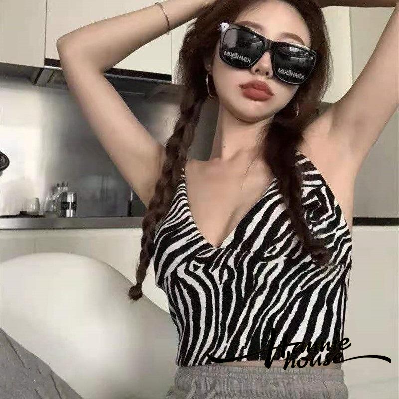 Áo croptop cổ chữ V in họa tiết ngựa vằn màu đen gợi cảm cho nữ