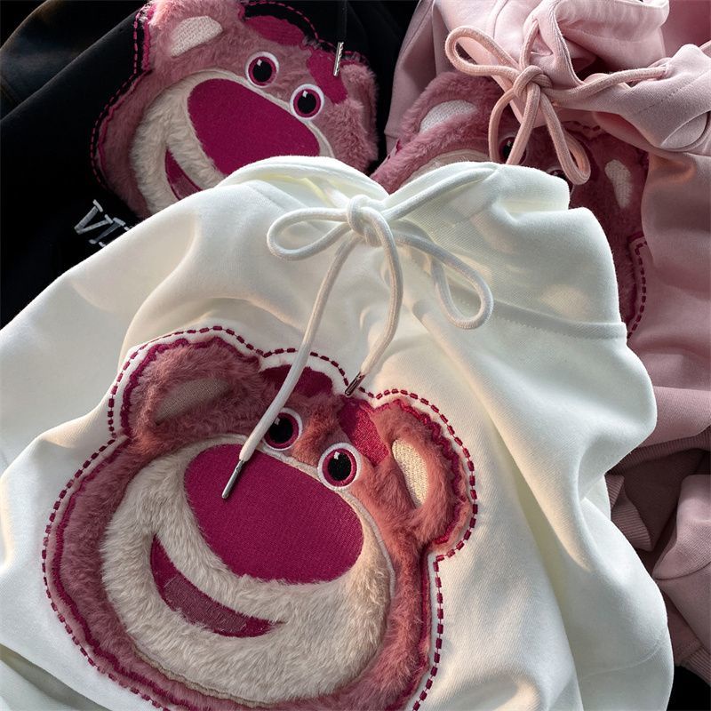 Áo Hoodie Vải Cotton Phối Lông Chống Lão Hóa In Hoạt Hình Gấu Dâu Tây Dễ Thương Cho Nữ