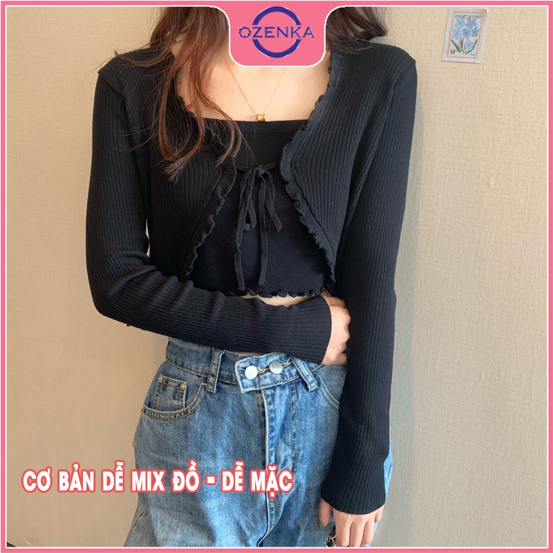 Áo cardigan croptop tay dài nữ OZENKA , áo khoác crt ôm body len gân 100% cotton thân 2 lớp màu đen trắng bánh bèo