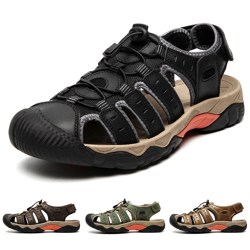 Giày Sandal Da Bò Thiết Kế Đục Lỗ Thoáng Khí Thời Trang Đi Biển Cho Nam