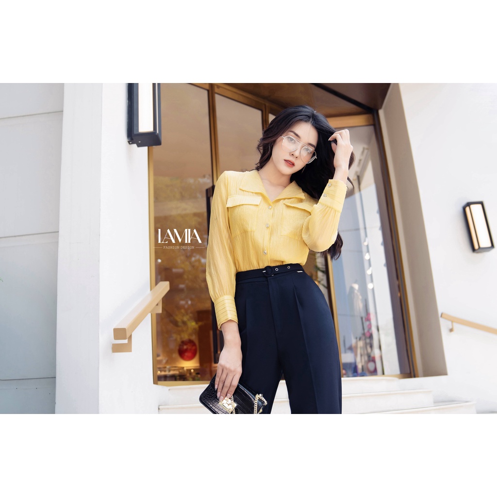 Áo sơ mi lụa vàng họa tiết LUXA002 Lamia Design