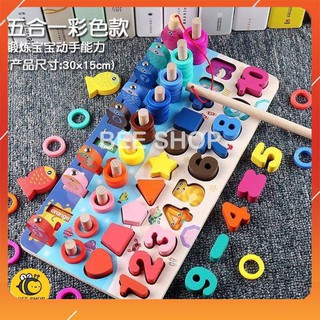 Bộ câu cá gỗ xếp số Montessori và hình khối 4in1