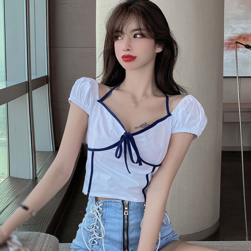 Áo Croptop Tay Ngắn Hoạ Tiết Hoa Thiết Kế Cột Dây Cho Nữ | BigBuy360 - bigbuy360.vn