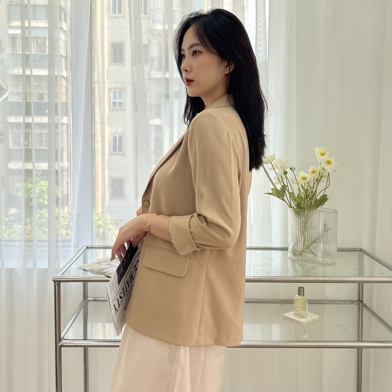 Áo khoác blazer nữ 1 lớp dáng dài Huien Design tone nâu be chất mát, form Hàn Quốc, thời trang công sở nữ thanh lịch