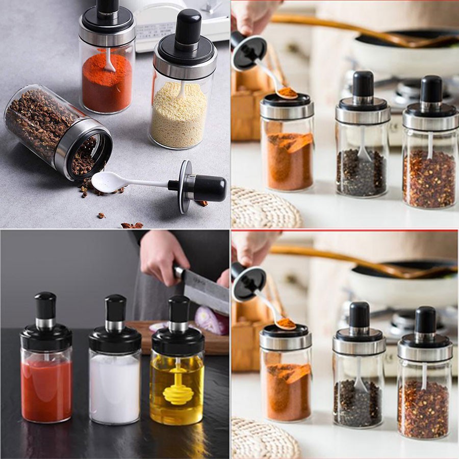 Lọ đựng gia vị, dầu ăn, nước chấm bằng thủy tinh trong suốt kèm muỗng tiện lợi
